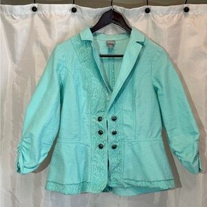 Vanity Aqua Blue Military Style Jacket Size M | Lace Trim & Ruched Sleeves